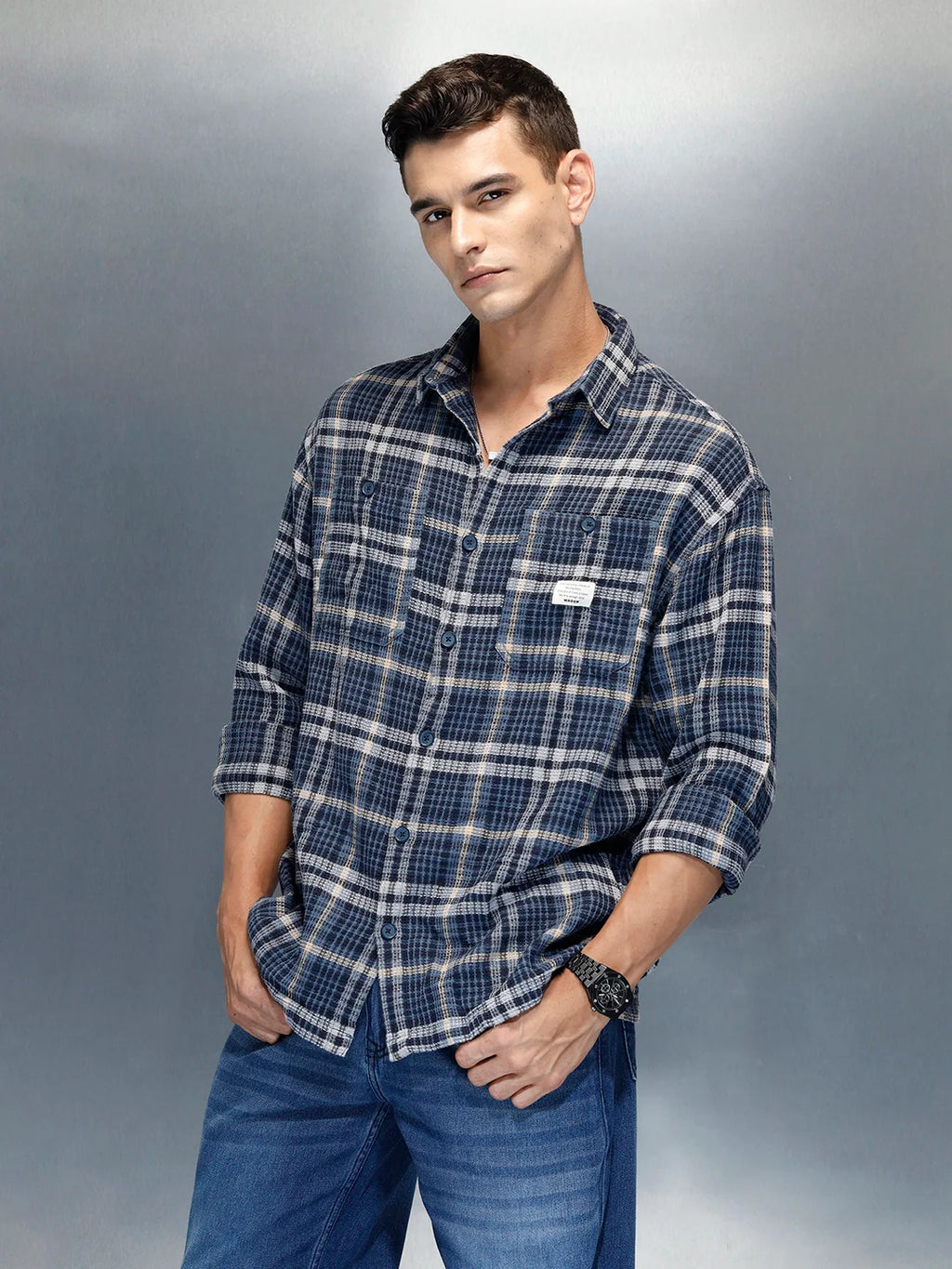 Men's Casual Oversized Fit Checkered Pattern Shirt | Blue