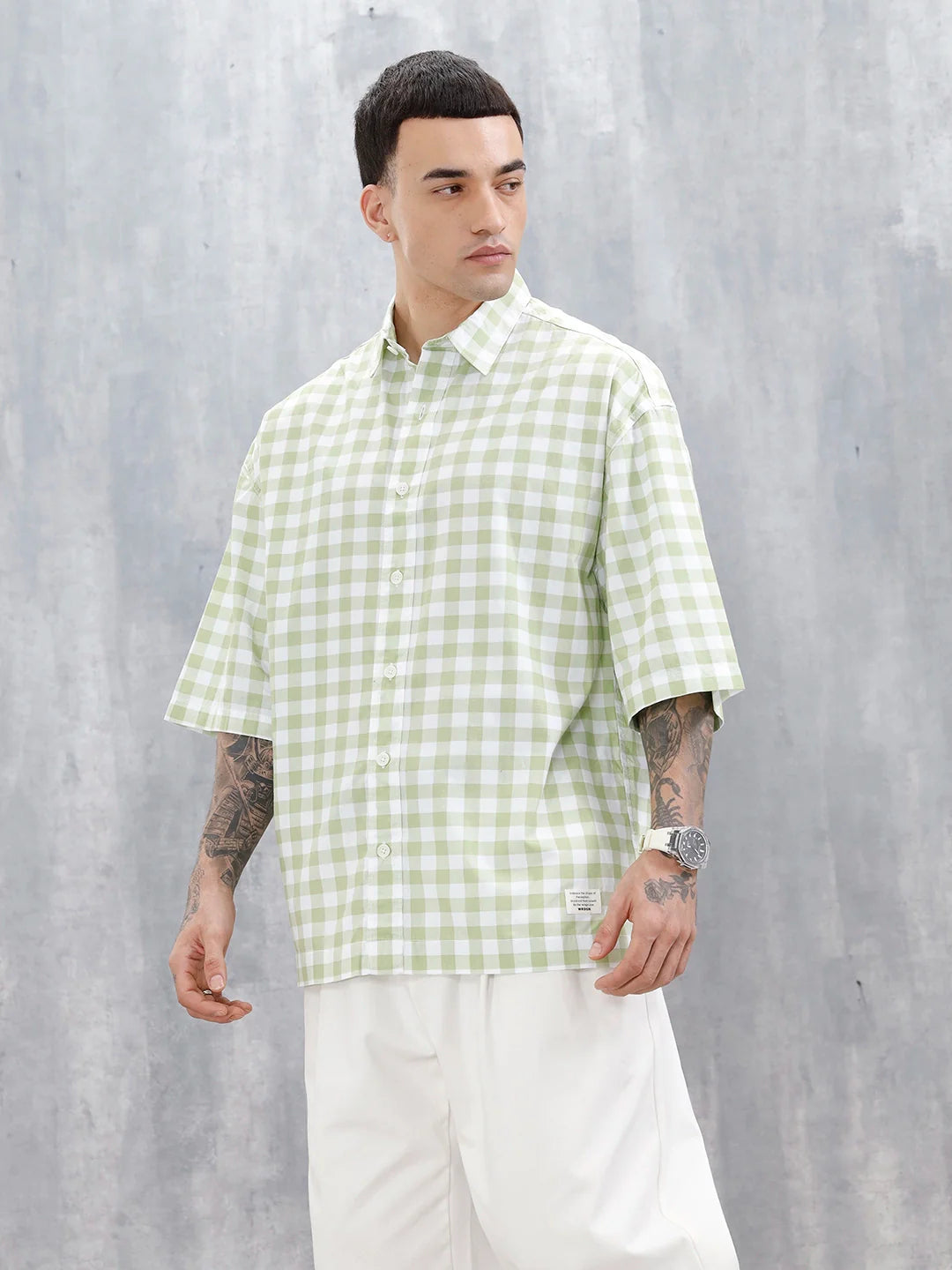 Wrogn Men's Oversized Plus Tonal Checked Shirt | Green
