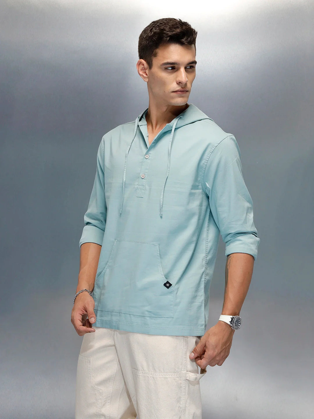 Men's Casual Regualr Fit Hooded Shirt With Patch Pocket | Green