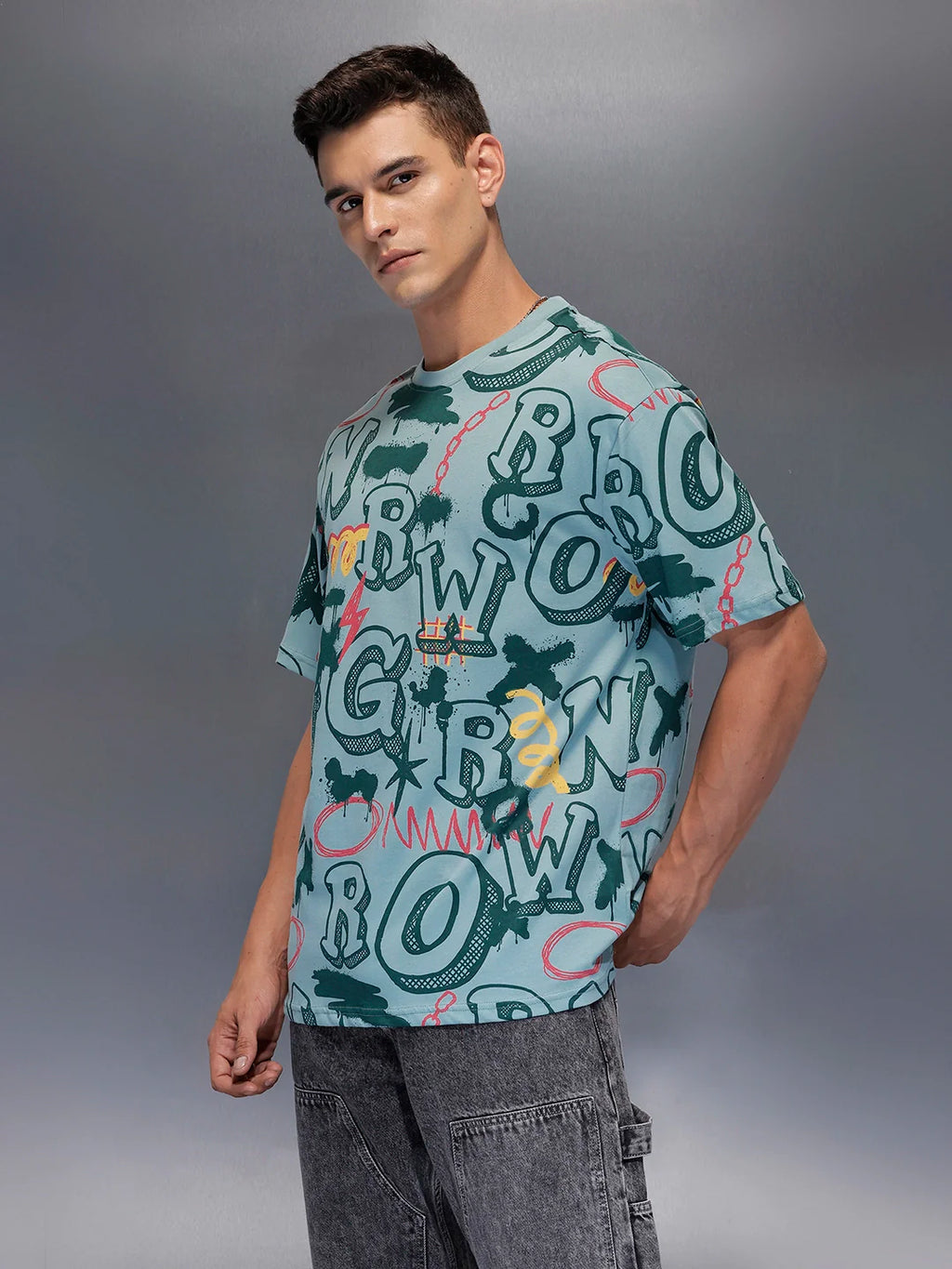 Men's oversized all-over graphic print T-shirt | Teal