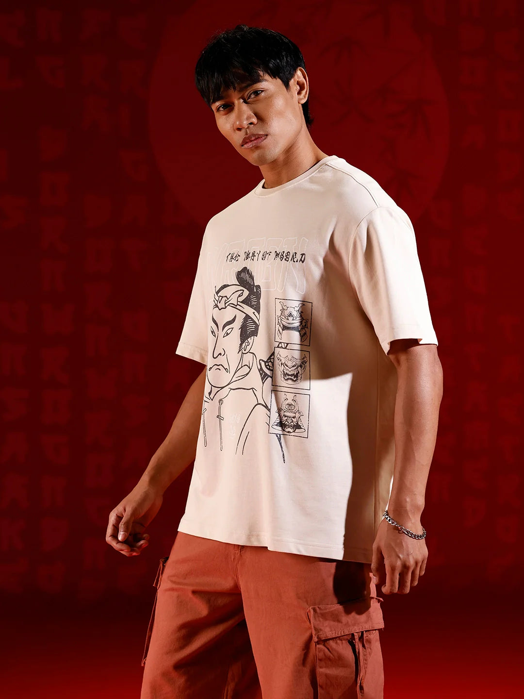 Oversized T-shirt with Samurai Graphic Print | Beige