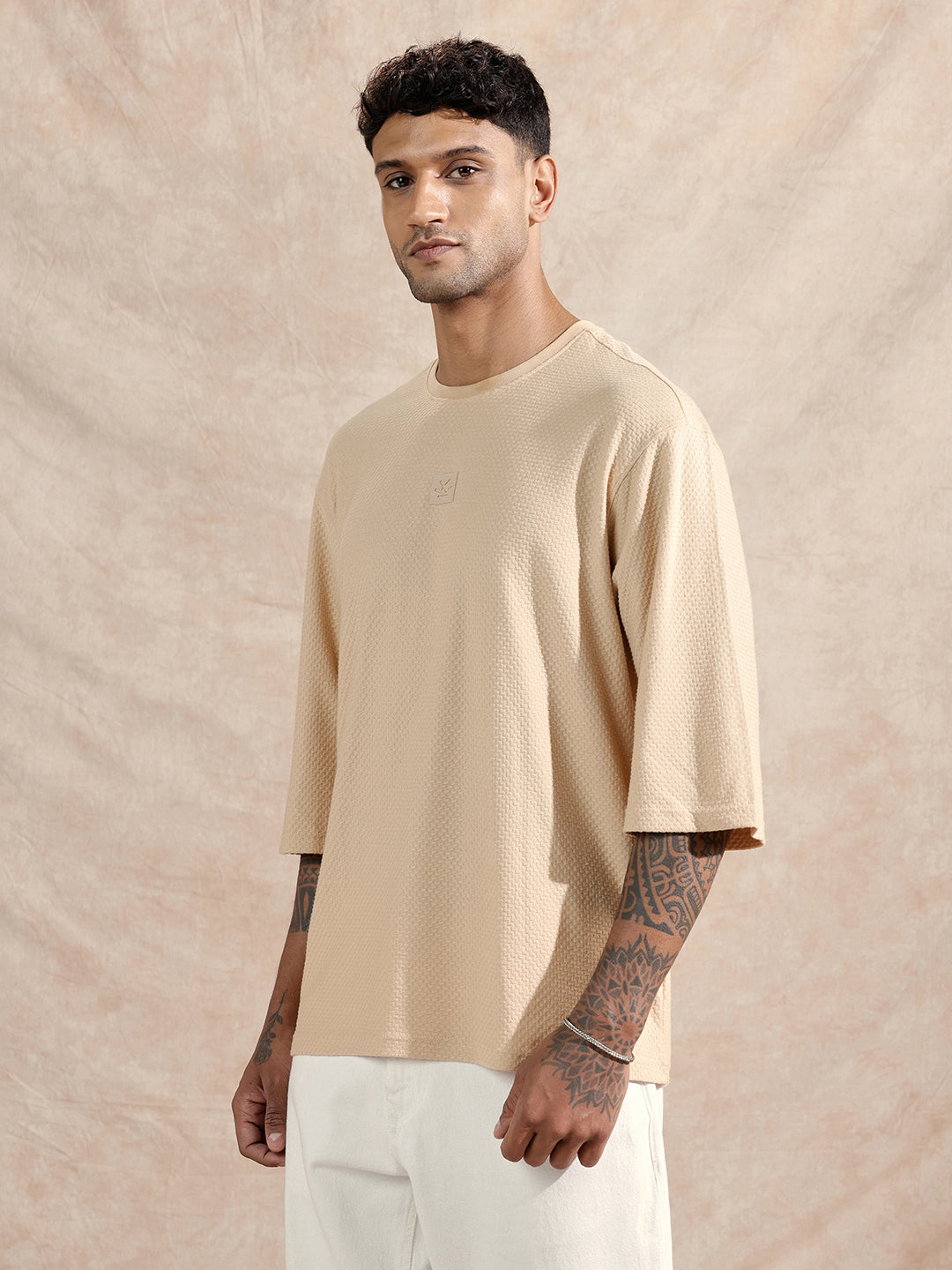 3/4th Sleeve Textured T-Shirt | Beige