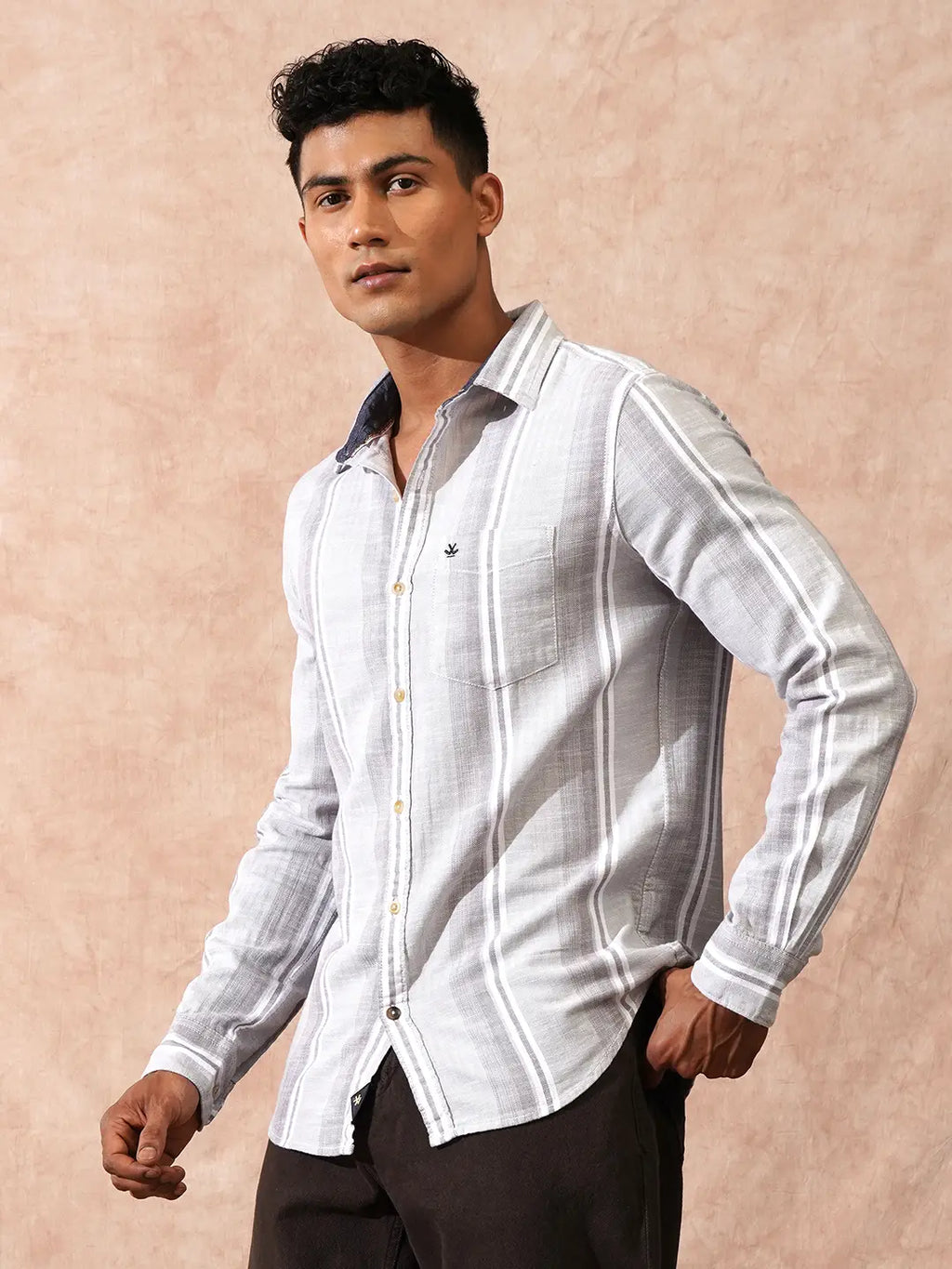 Casual Striped Herringbone Shirt | Grey