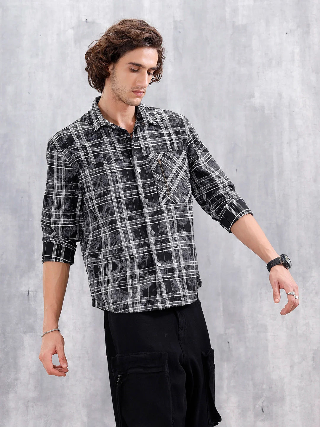 Wash Printed Overshirt With Chenille Yarn Check | Black