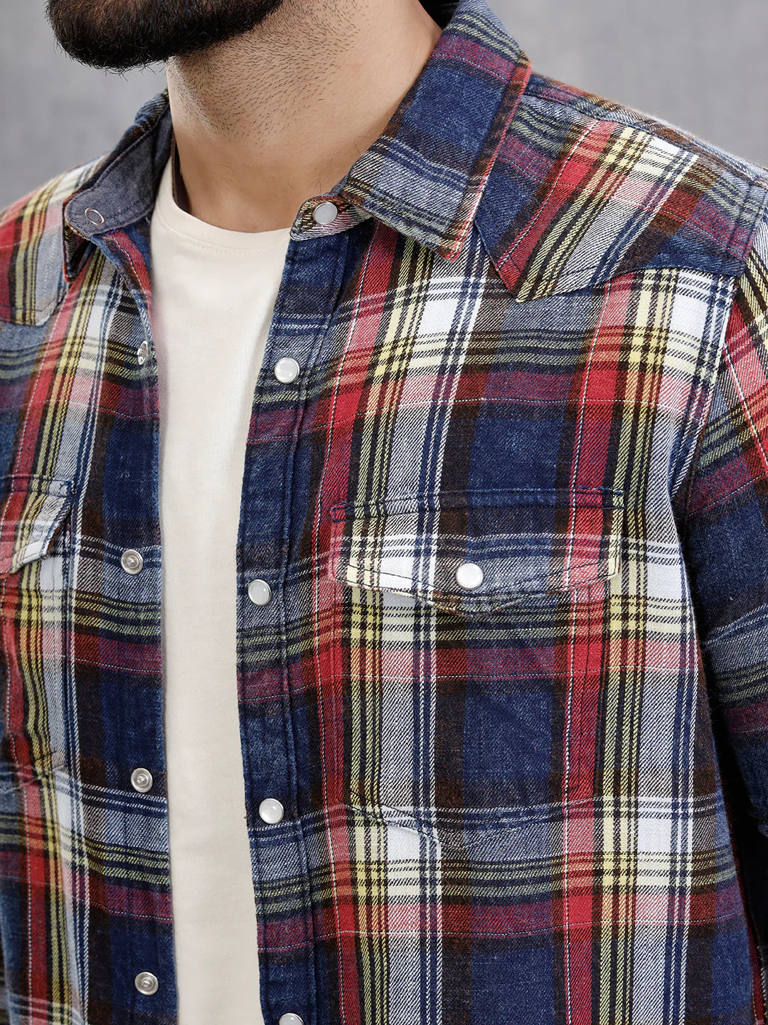Acid Washed Indigo Check Shirt With Western Yoke | Red