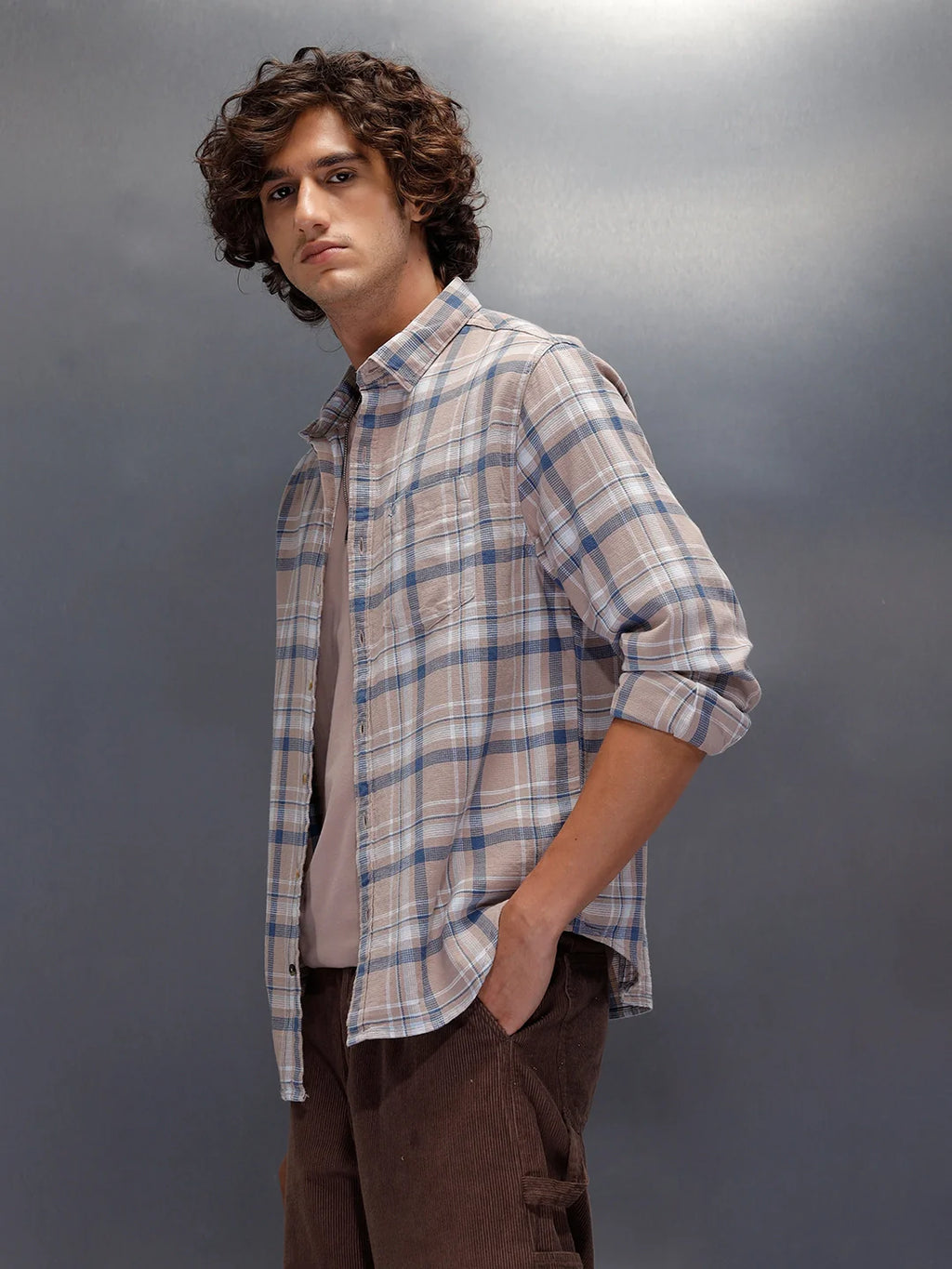 Textured Comfort Fit Checkered Pattern Shirt With Branding | Khaki