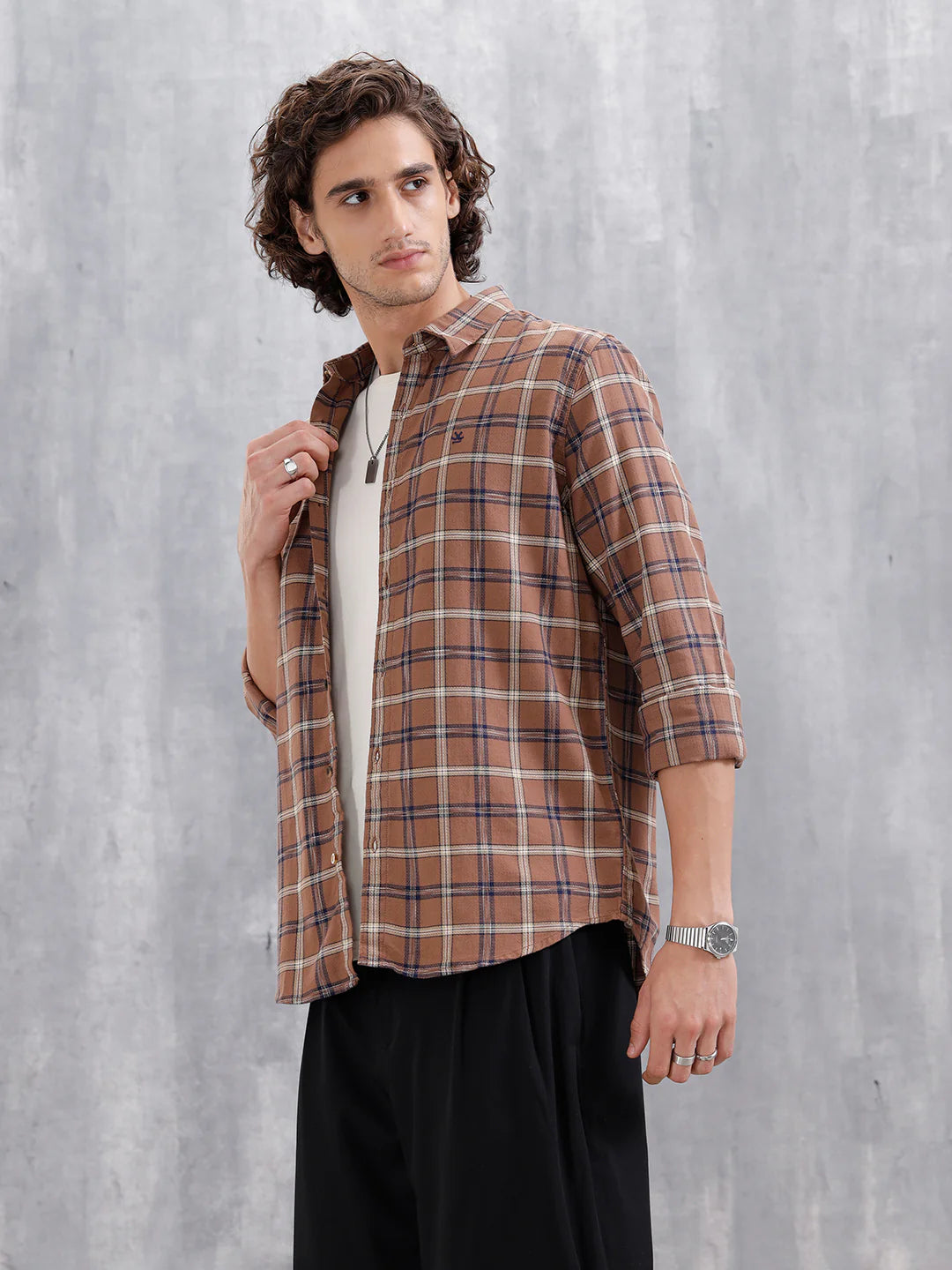 Space Dyed Dobby Check Slim Fit Shirt | Brown