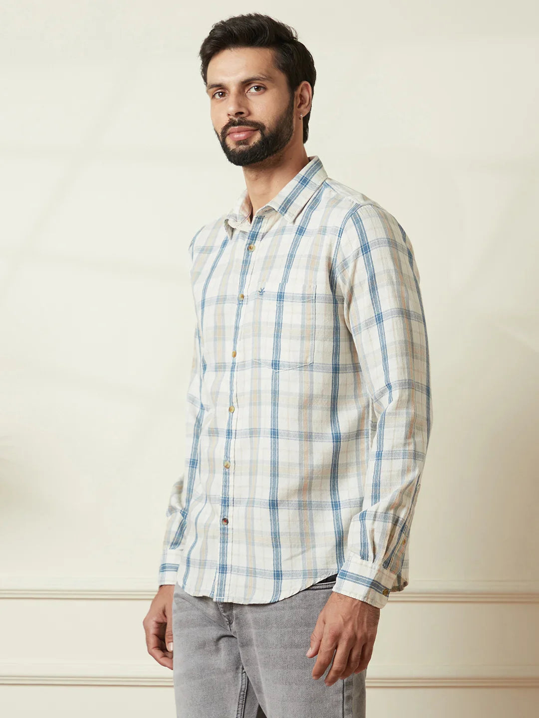 Checked Slim Fit Textured Shirt | Off White
