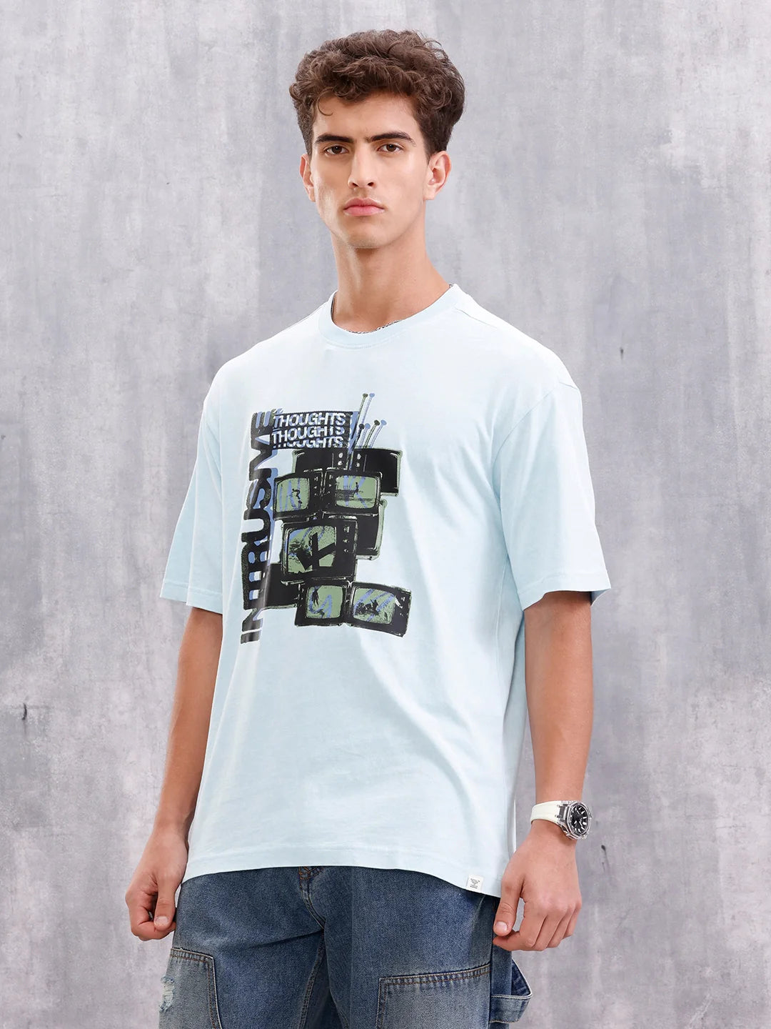 Retro Tv Graphic Printed Oversized Fit Tshirt | Light Blue