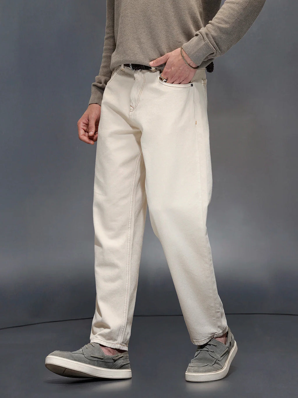 Wrogn Men's Casual Loose Fit Jeans with Contrast Stitch Detail | Khaki