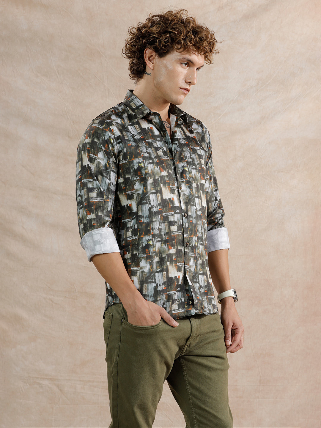Flowy AOP Slim Fit Shirt | Dark Olive