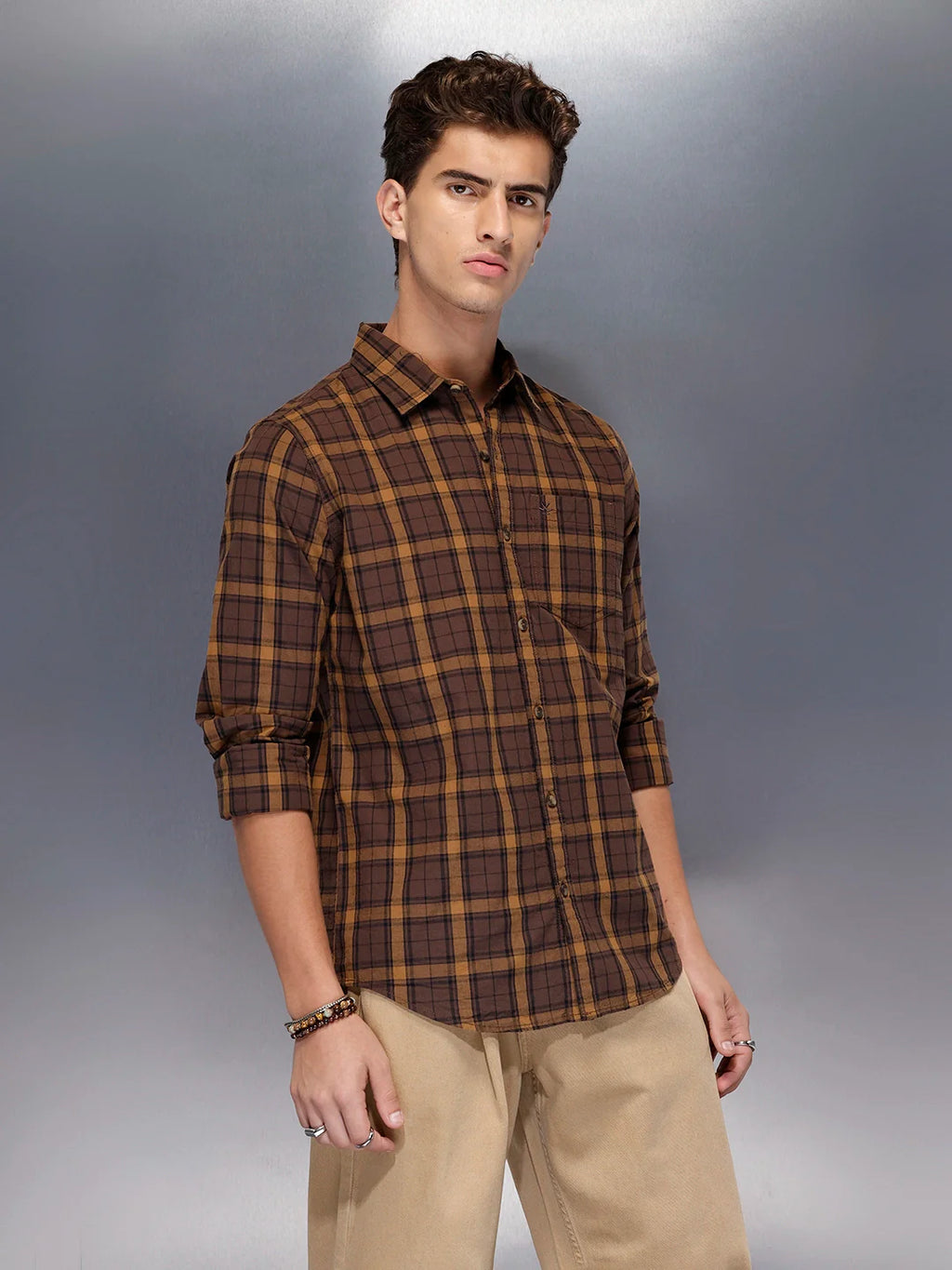 Men’s brown flannel-style check shirt | Khaki