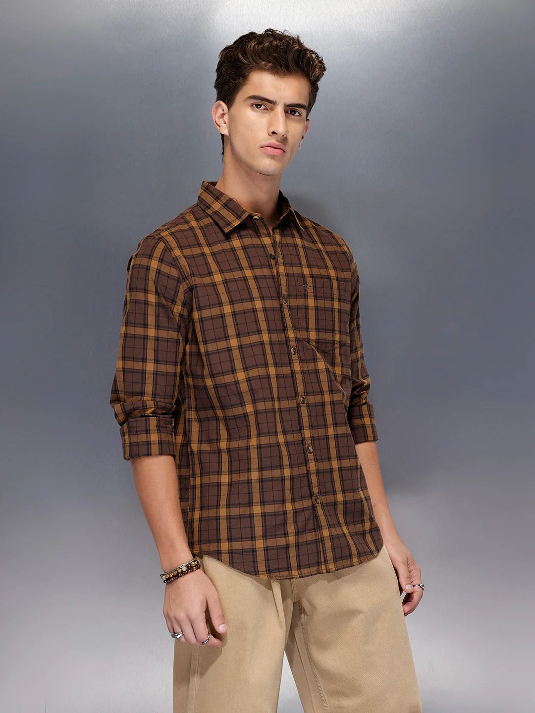 Men’s brown flannel-style check shirt | Khaki