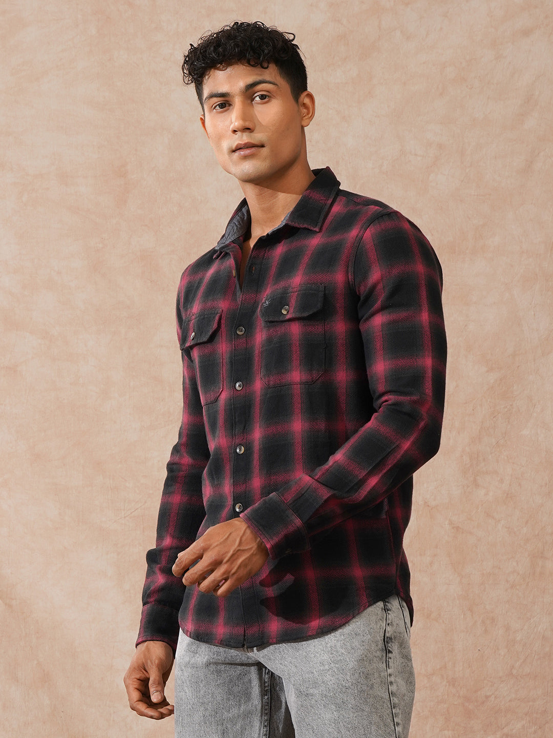 Brushed Herringbone Checked Shirt | Black