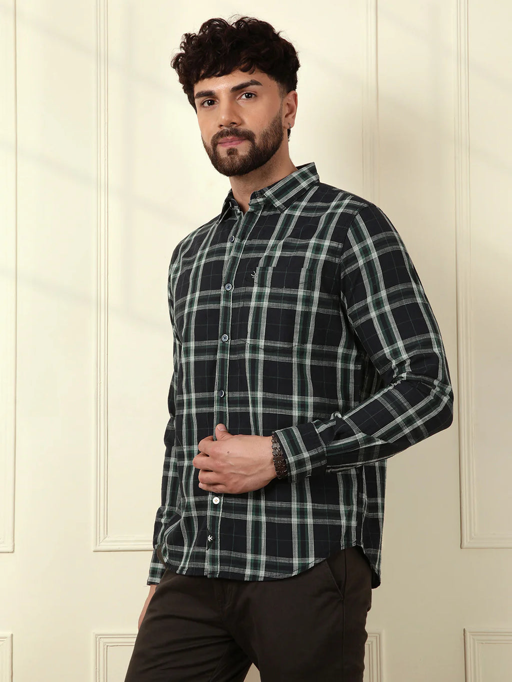 Green Slim Fit Checked Shirt