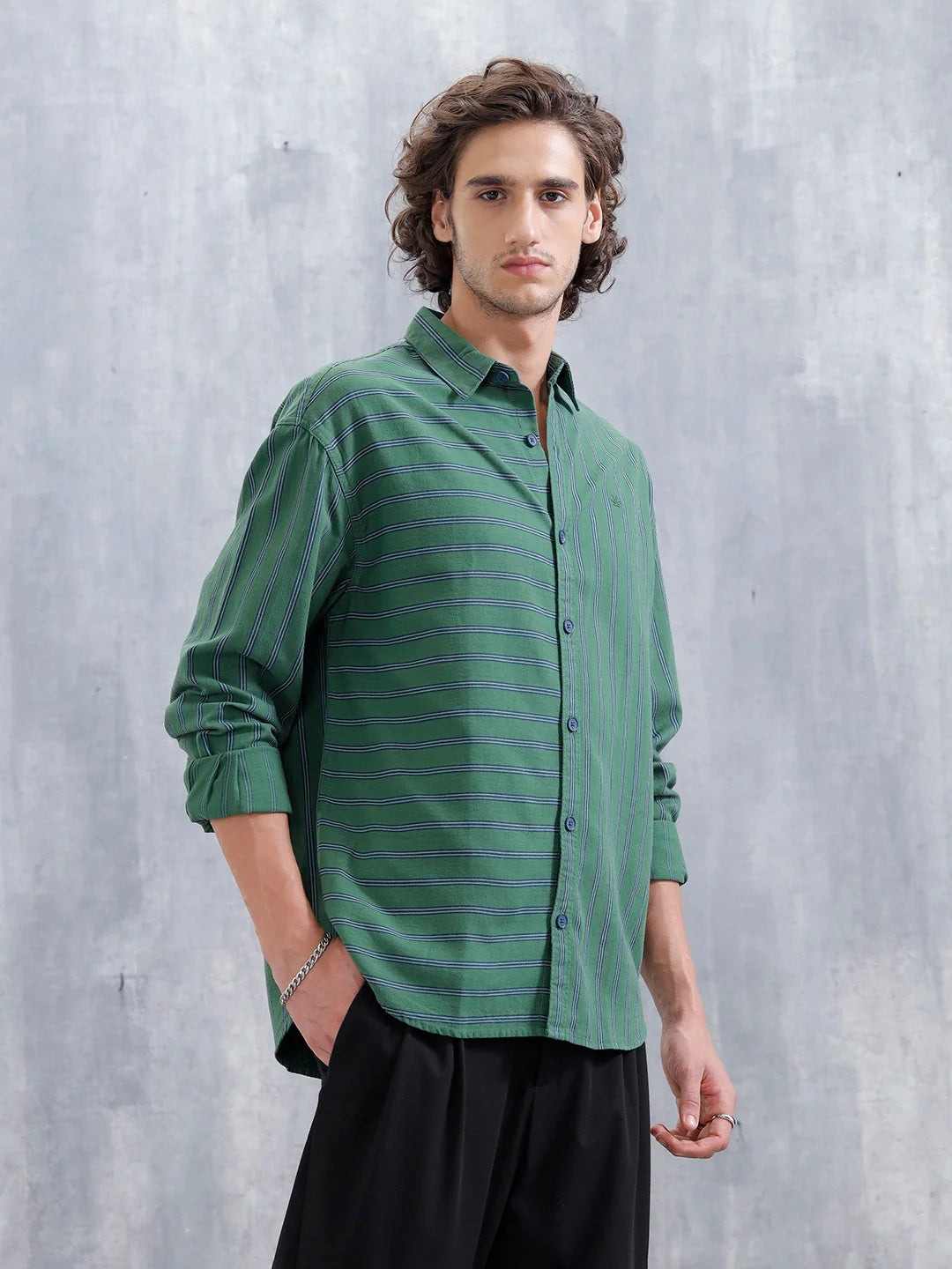 Asymmetrical Striped Oversized Shirt For Men | Dark Green
