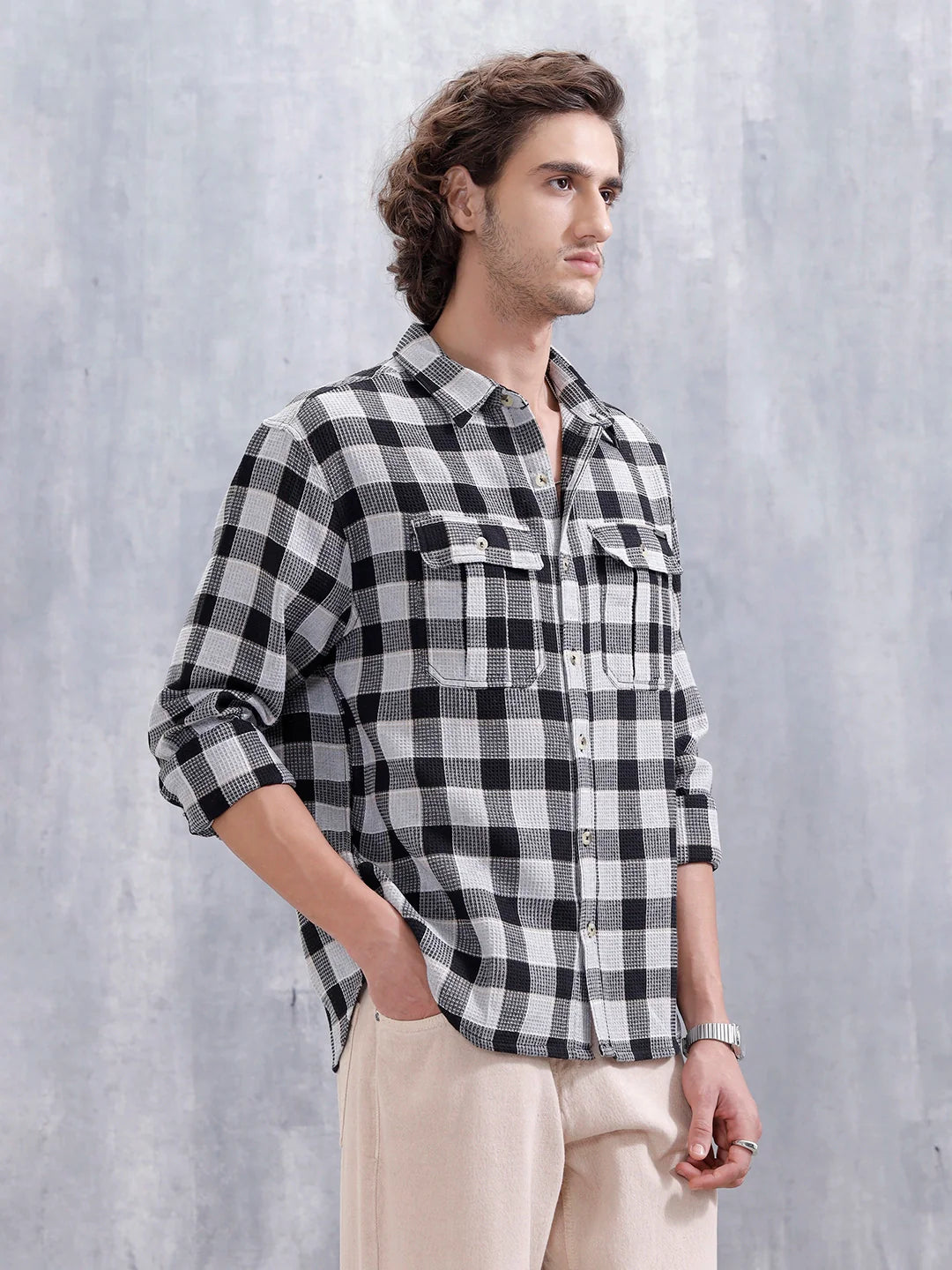Checkered Pattern Double Pocket Comfort Fit Shirt | Black