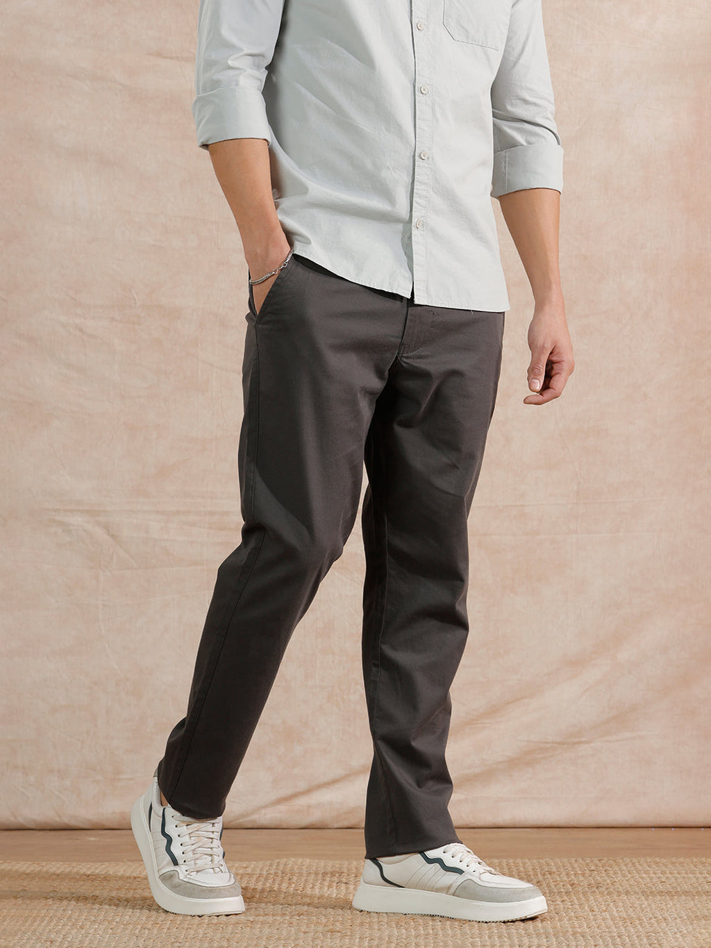 Solid Cotton Blend Trouser | Grey