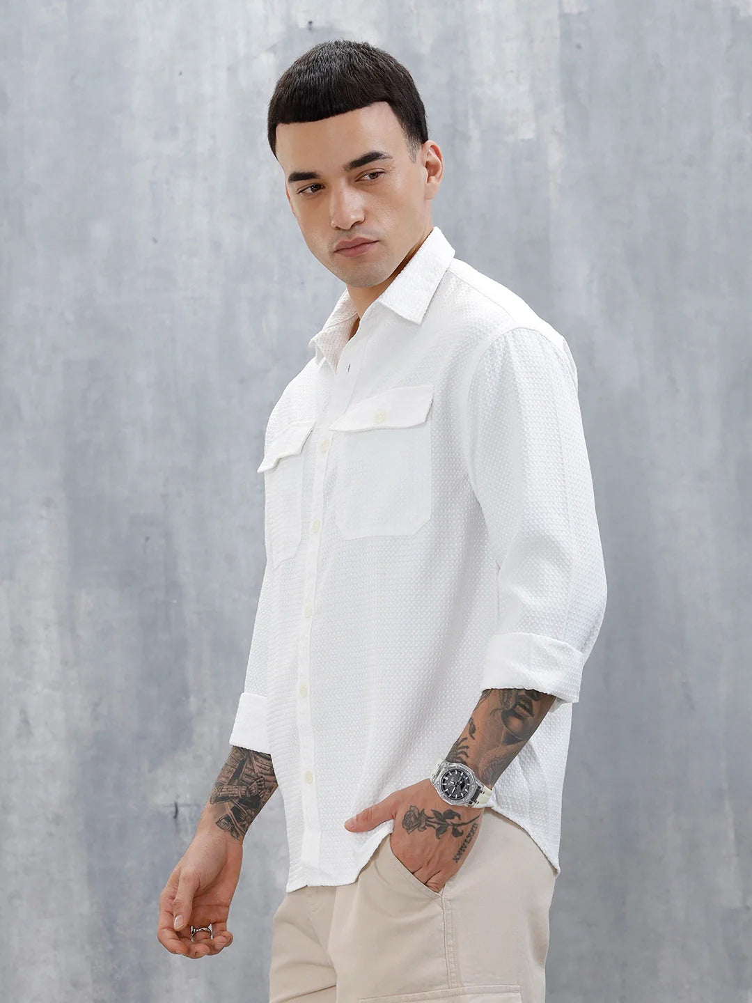 Wrogn Oversized Double Pocket Textured Shirt For Men's | Off White