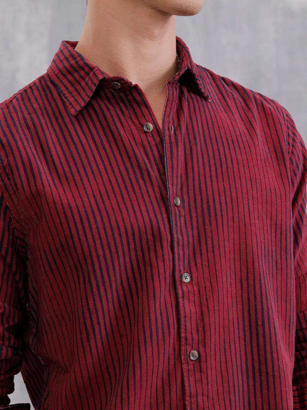 Corduroy Lenticular Stripe Print Shirt | Dark Maroon