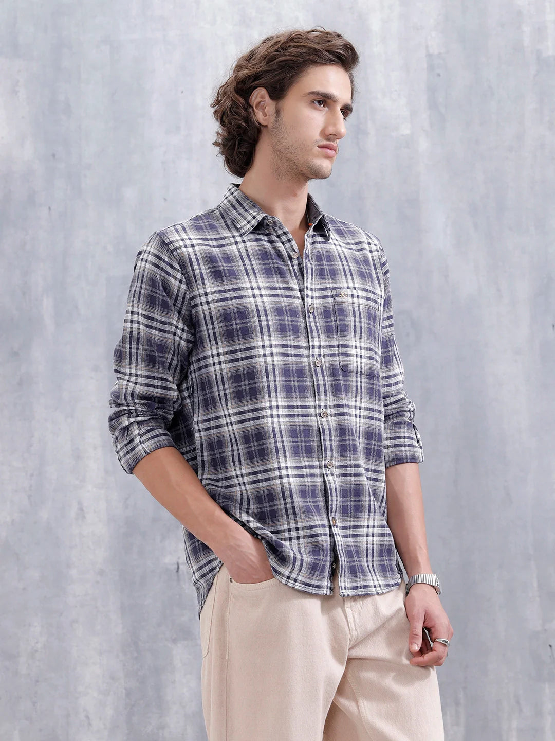 Textured Check Slim Fit Shirt | Navy Blue