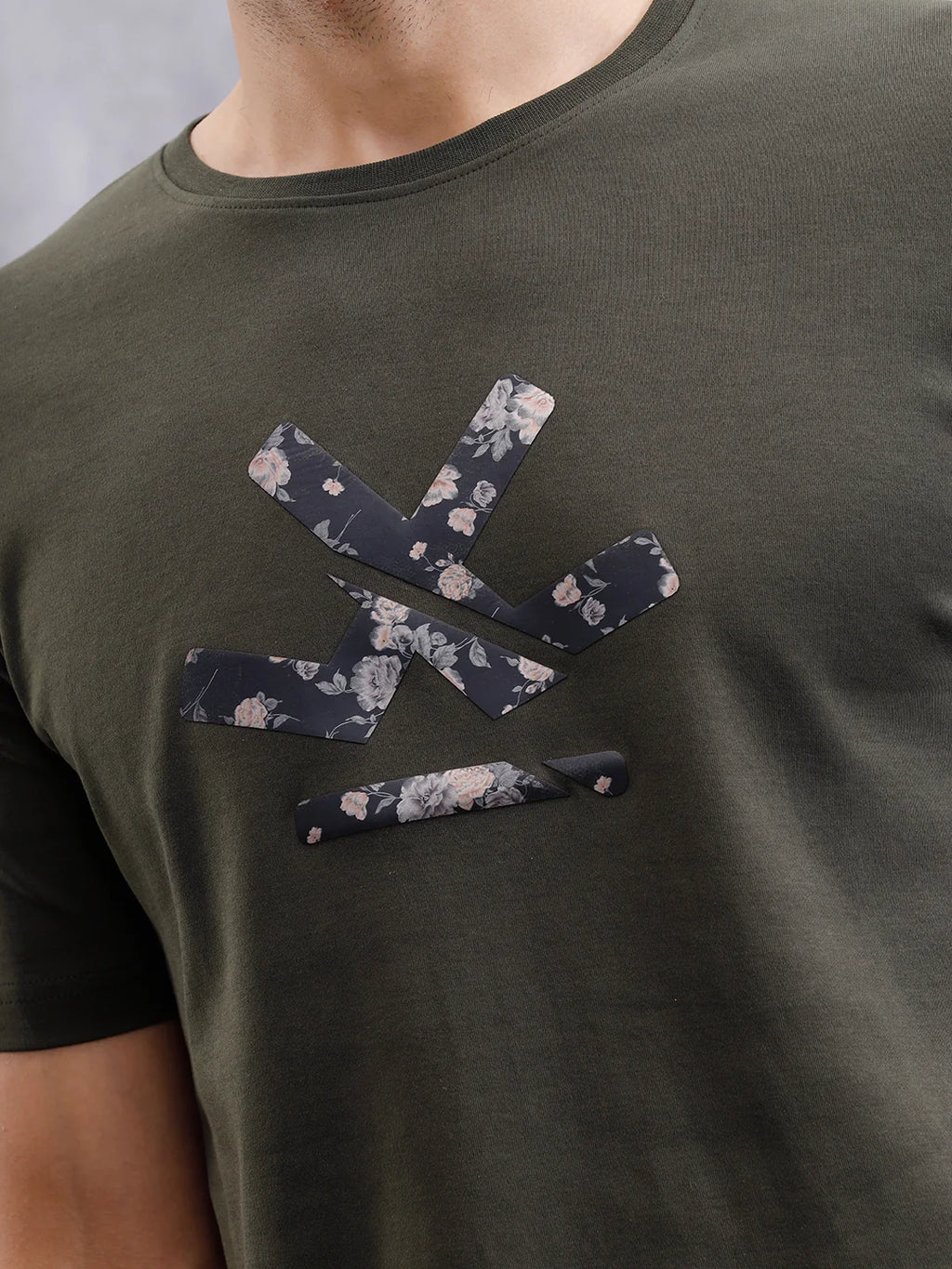 Premium Interlock Base With Dark Floral Logo Brand Carrier Crew Neck T-Shirt | Olive