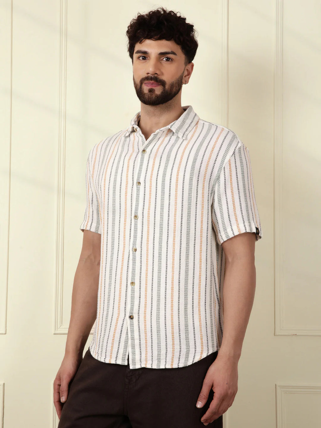 Striped Short Sleeve Textured Shirt | Off White