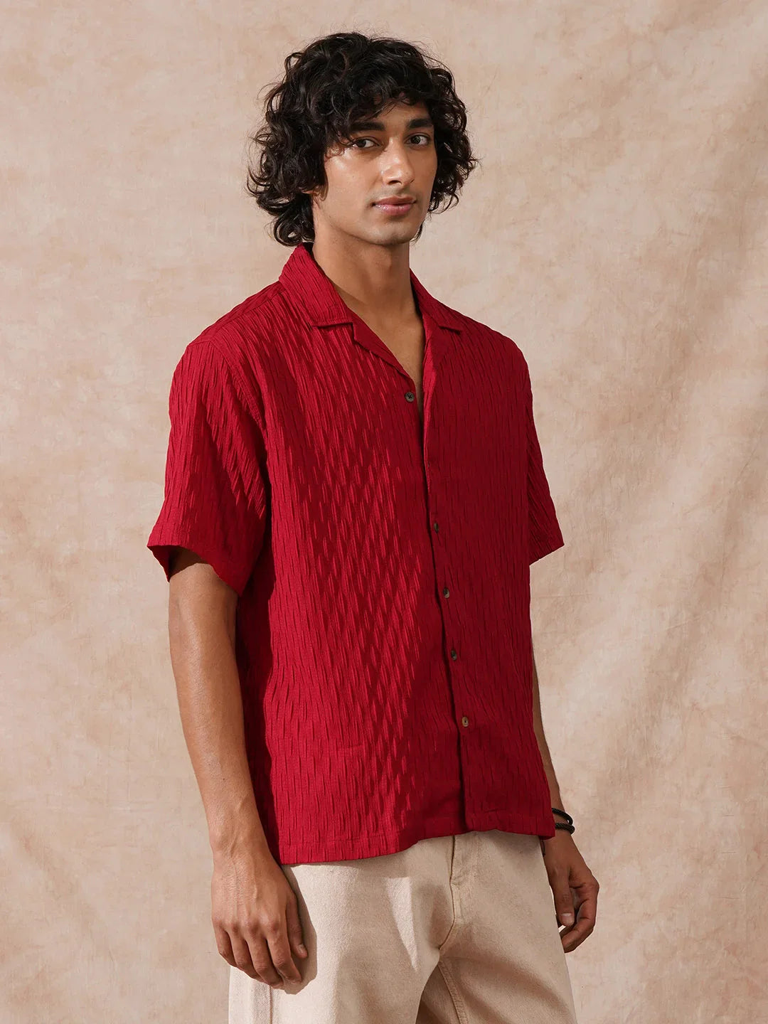 Textured Resort Collar Shirt | Red