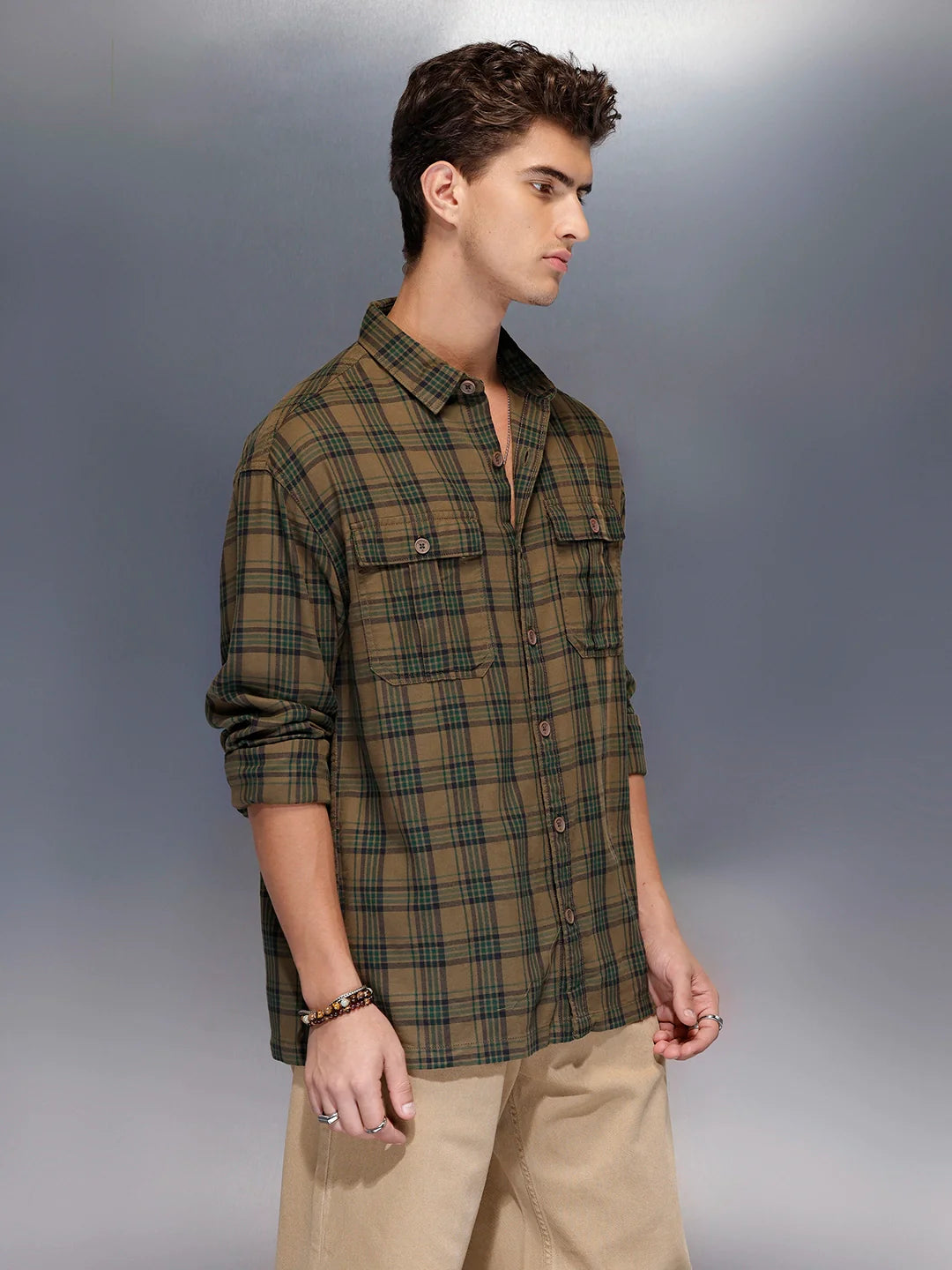 Check flannel Oversize shirt | Olive
