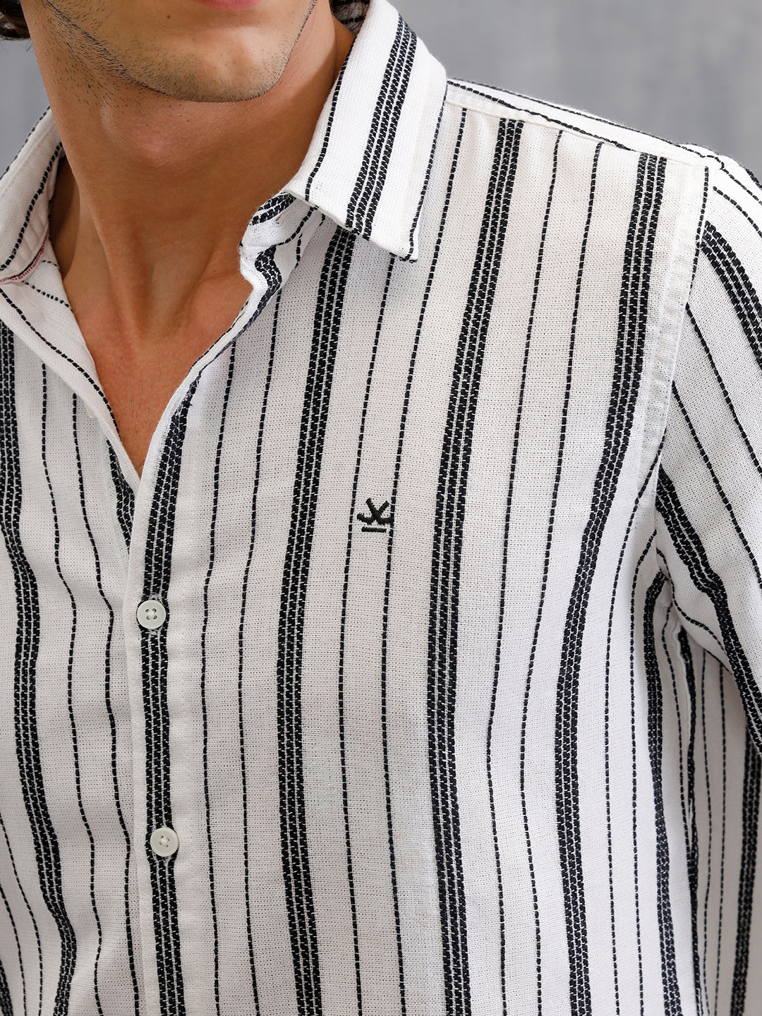 Slim Fit Stripe Shirt In Chenille Yarn | White