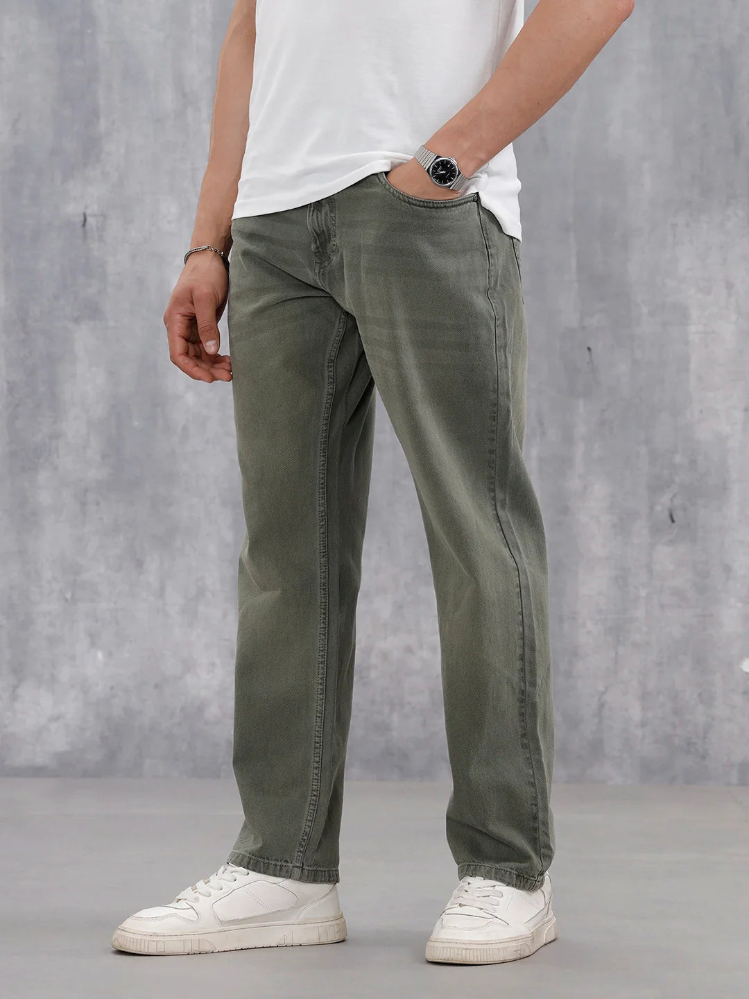 Men's Casual Anti Fit Washed Jeans | Olive