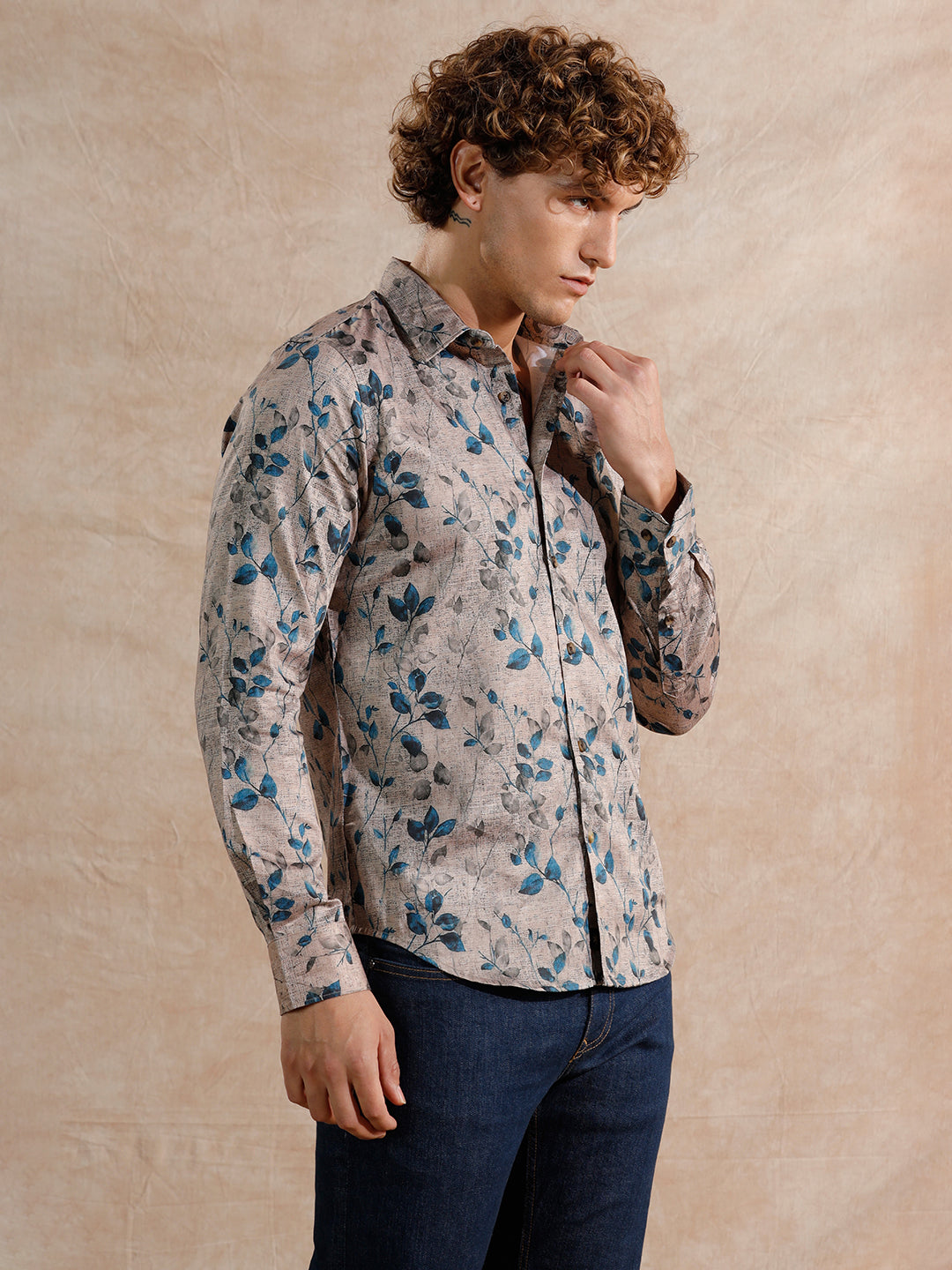 Printed Satin Slim Fit Shirt | Khaki