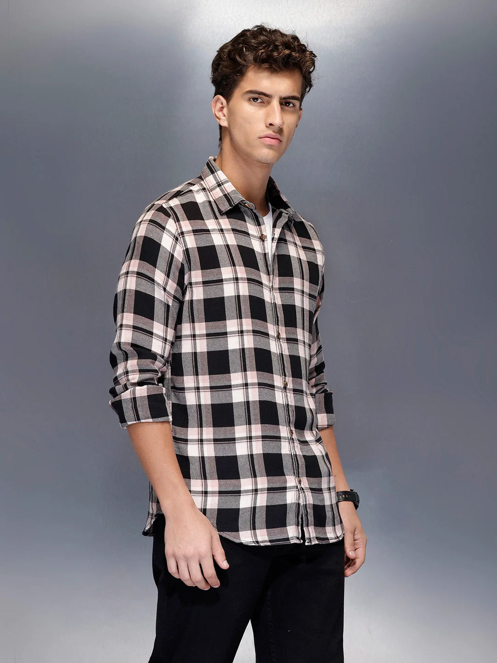 Men’s modern bold check casual shirt | Brown