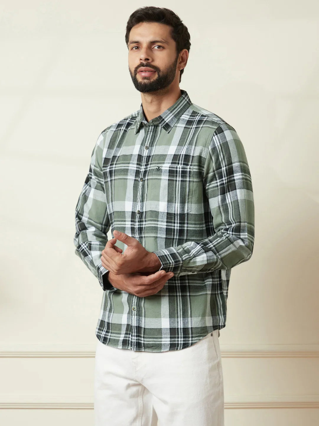 Checked Slim Fit Textured Shirt | Olive