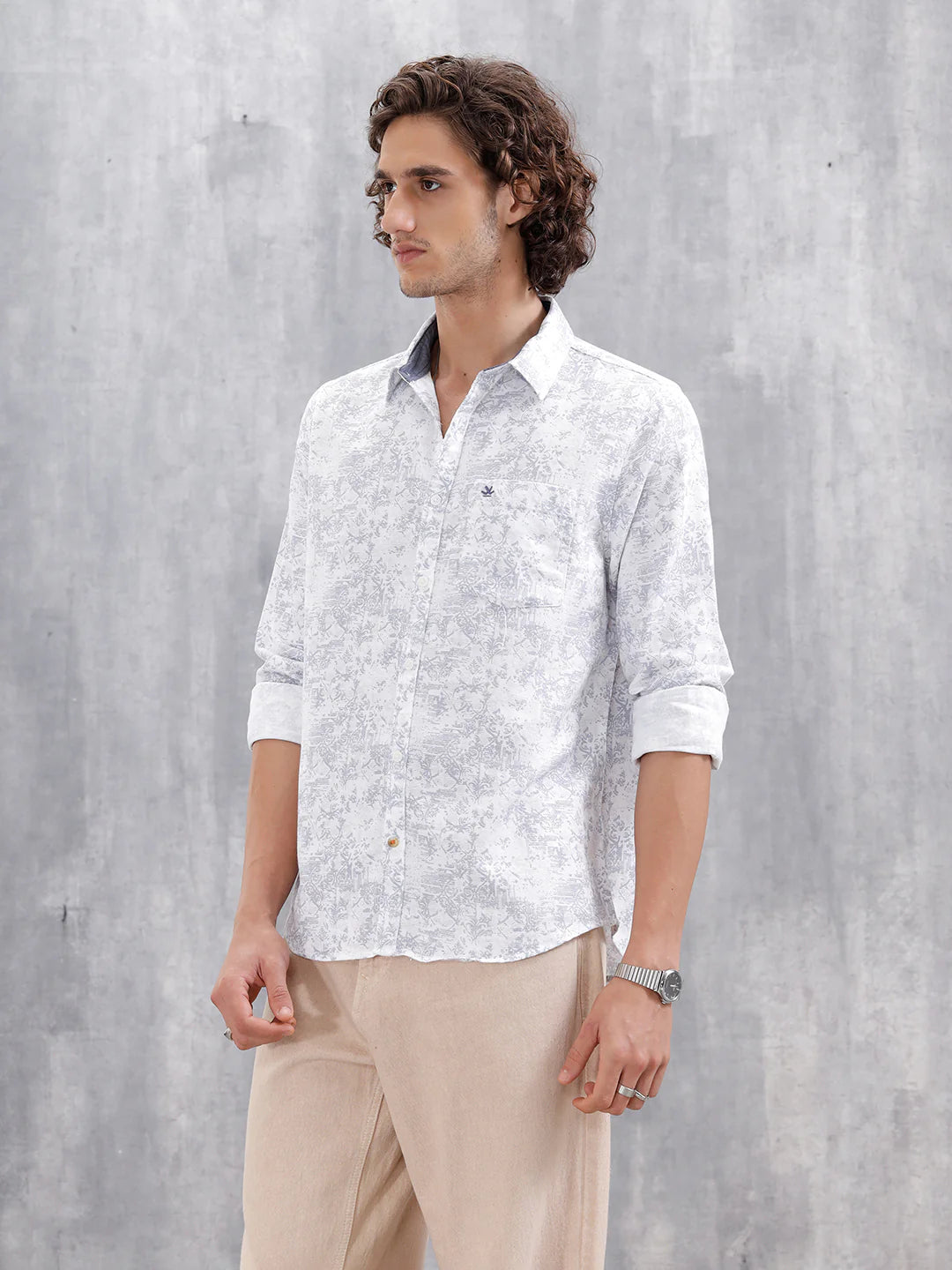 All-Over Abstract Print Casual Slim Fit Shirt | Light Blue
