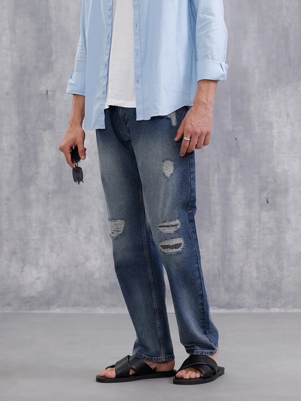 Solid Anti Fit Distressed Jeans | Blue