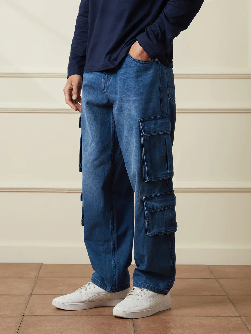 Faded Loose Fit Denim Cargo | Blue