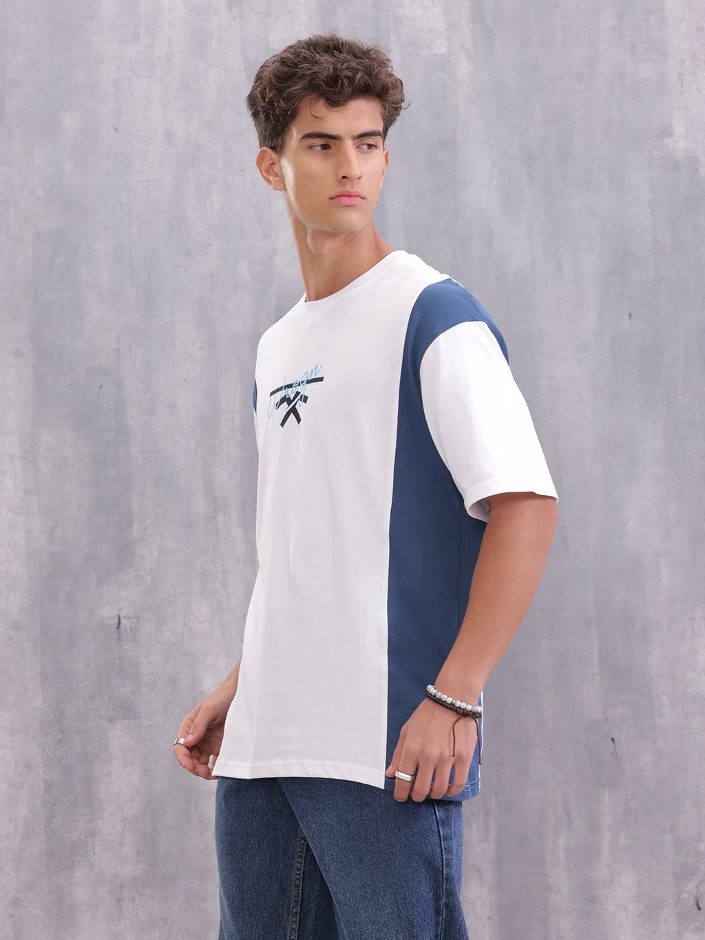 Retro Colourblock Oversized Fit T-shirt With Print | White