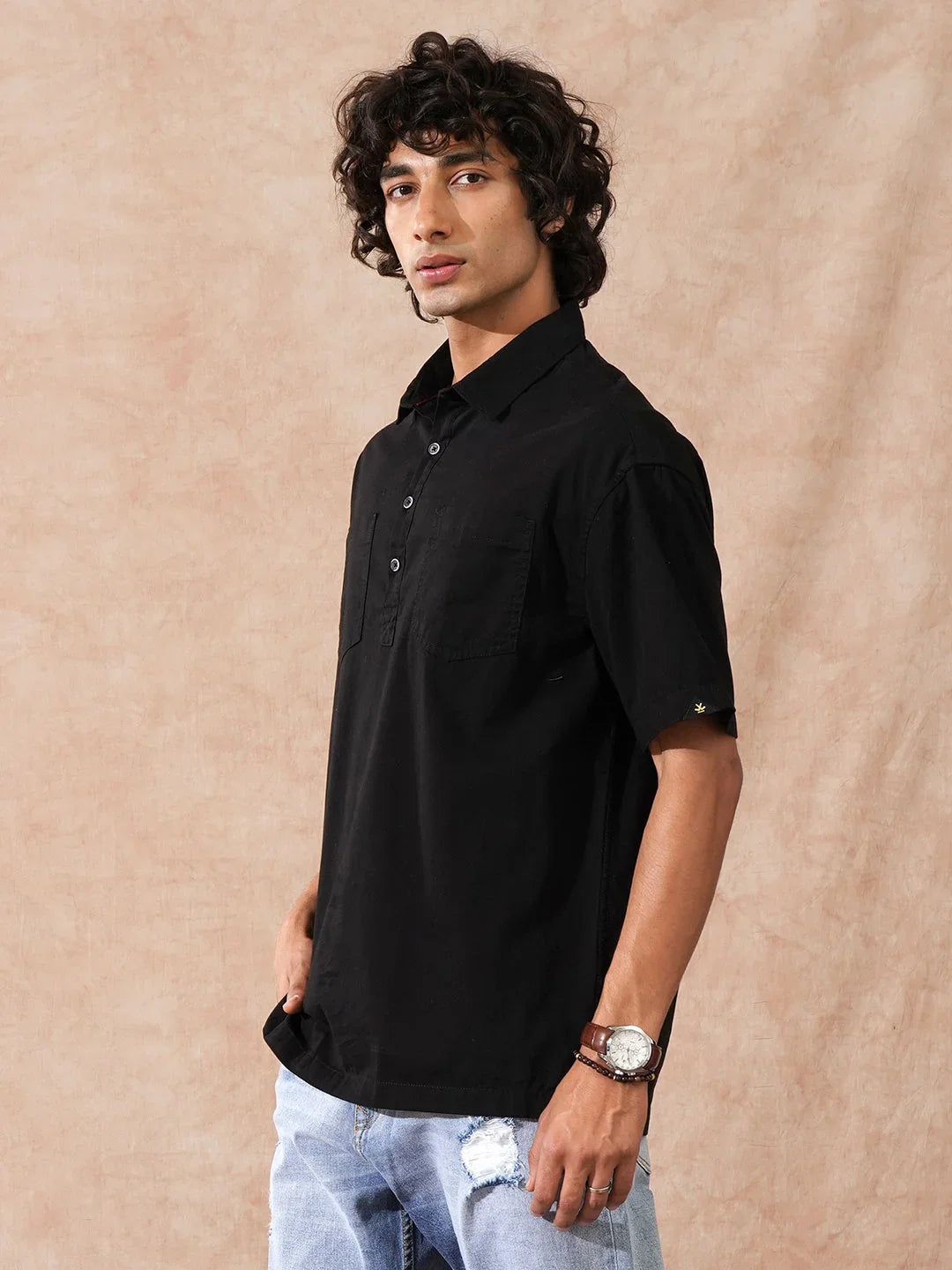 Oversized Half Placket Popover Shirt | Black