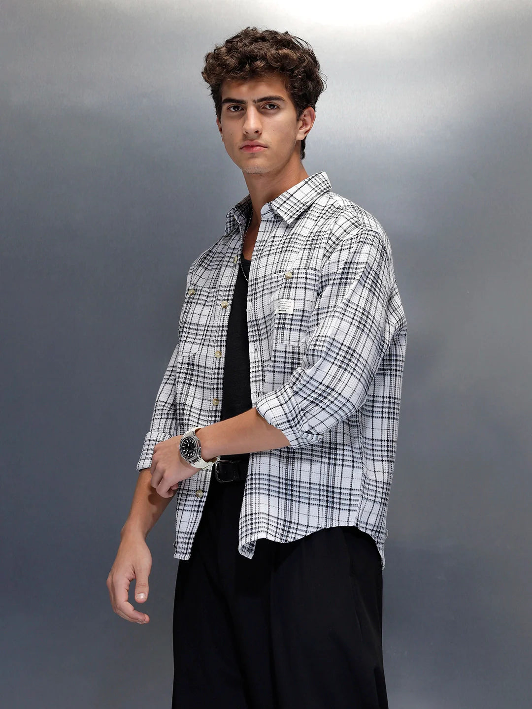 Wrogn Men's Checkered Double Pocket Casual Shirt | White