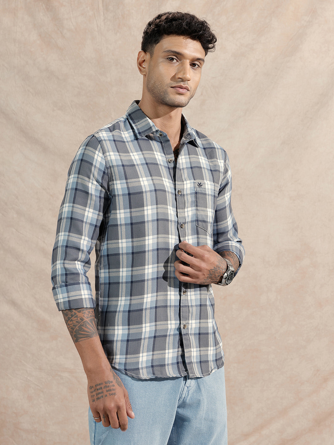Textured Checked Shirt | Grey