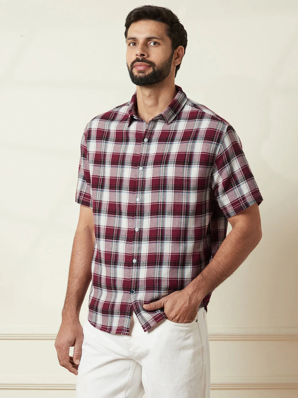 Checked Open Dobby Shirt | Maroon