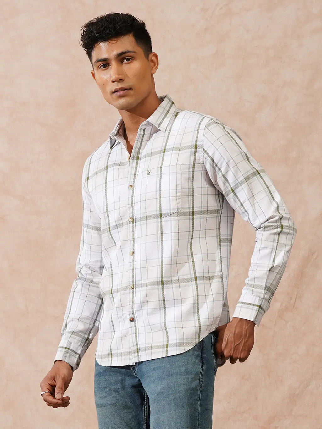 Textured Checks Slim Fit Shirt | Beige
