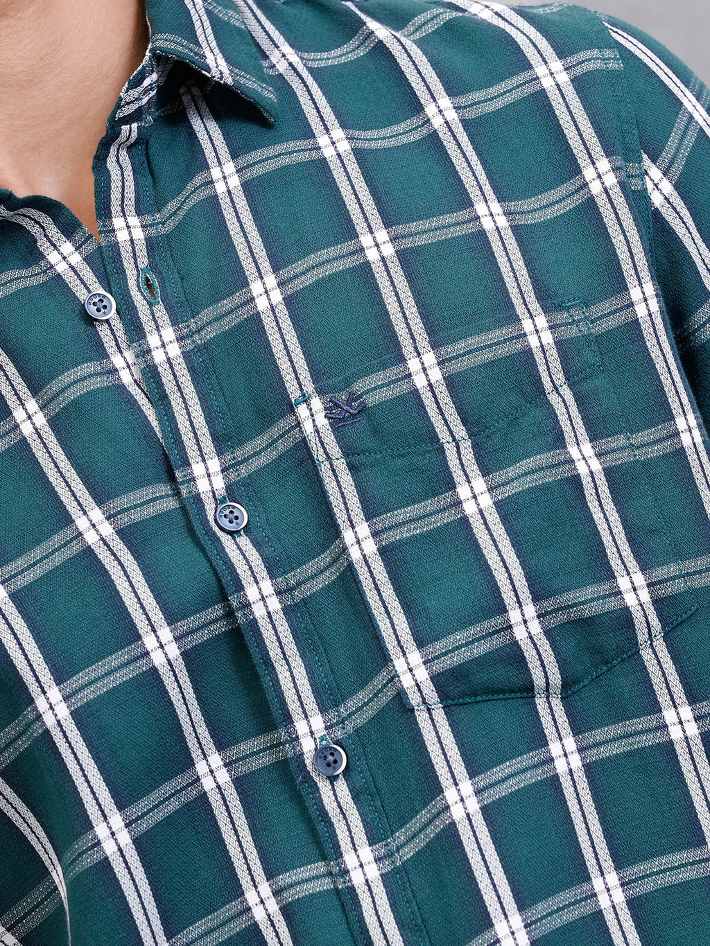 Textured Cotton Dobby Check Shirt  | Green