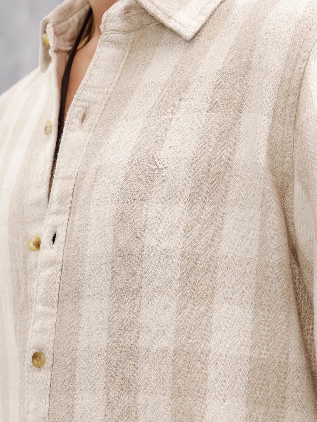 Herringbone Check Shirt In Natural Tones  |  Beige
