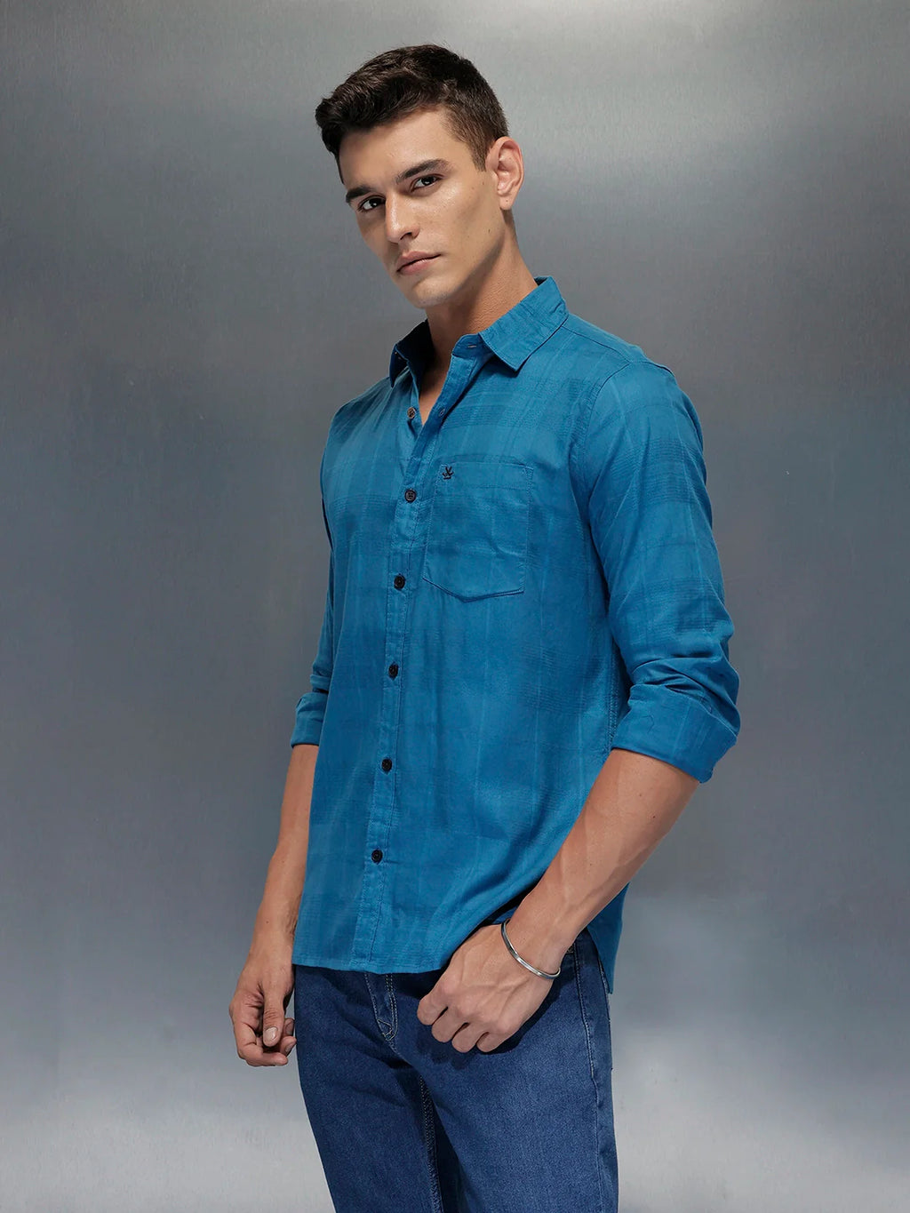 Men's slim fit casual shirt with checked weave pattern | Blue