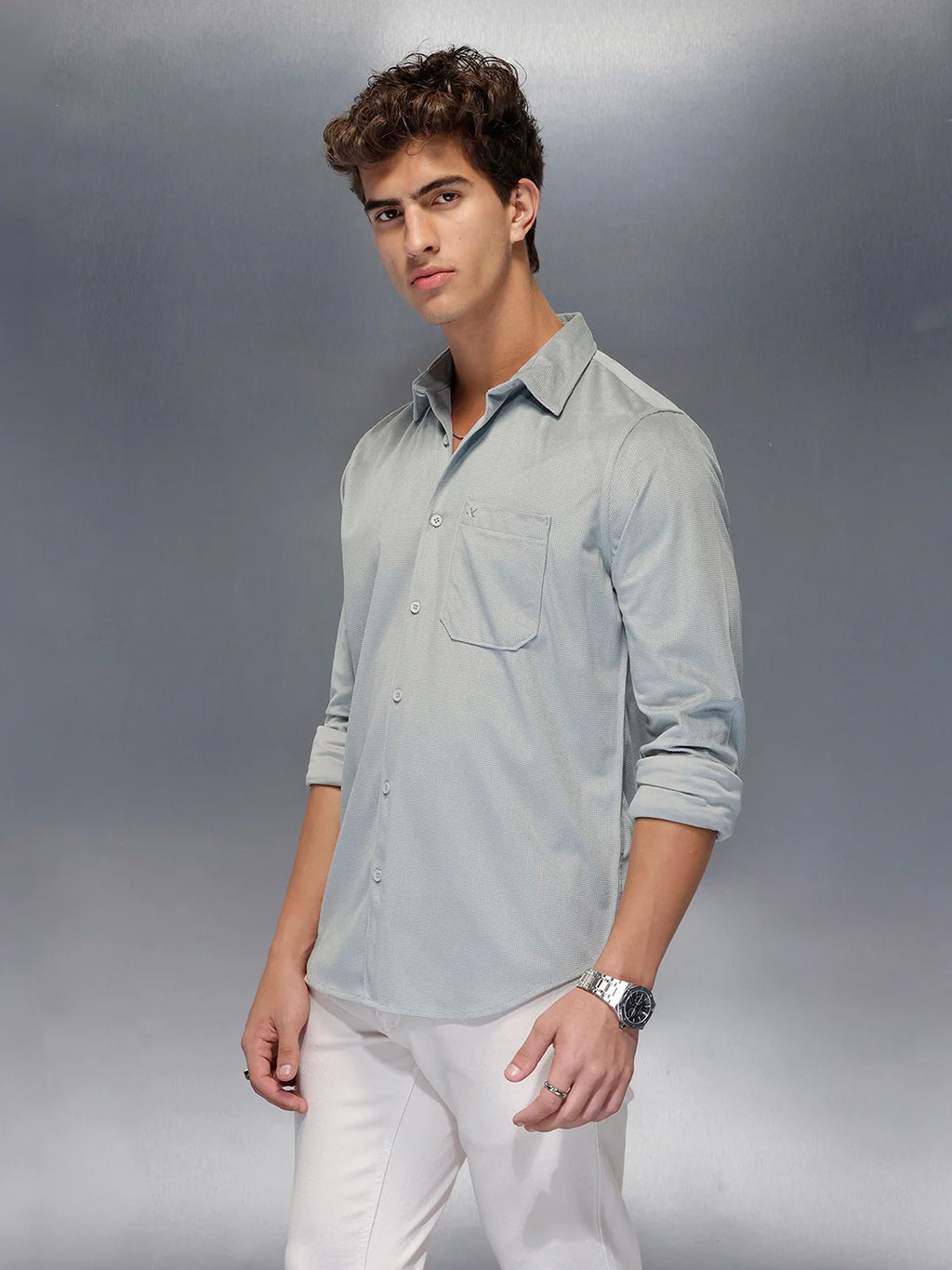 Minimal Textured Botton Down Shirt | Grey