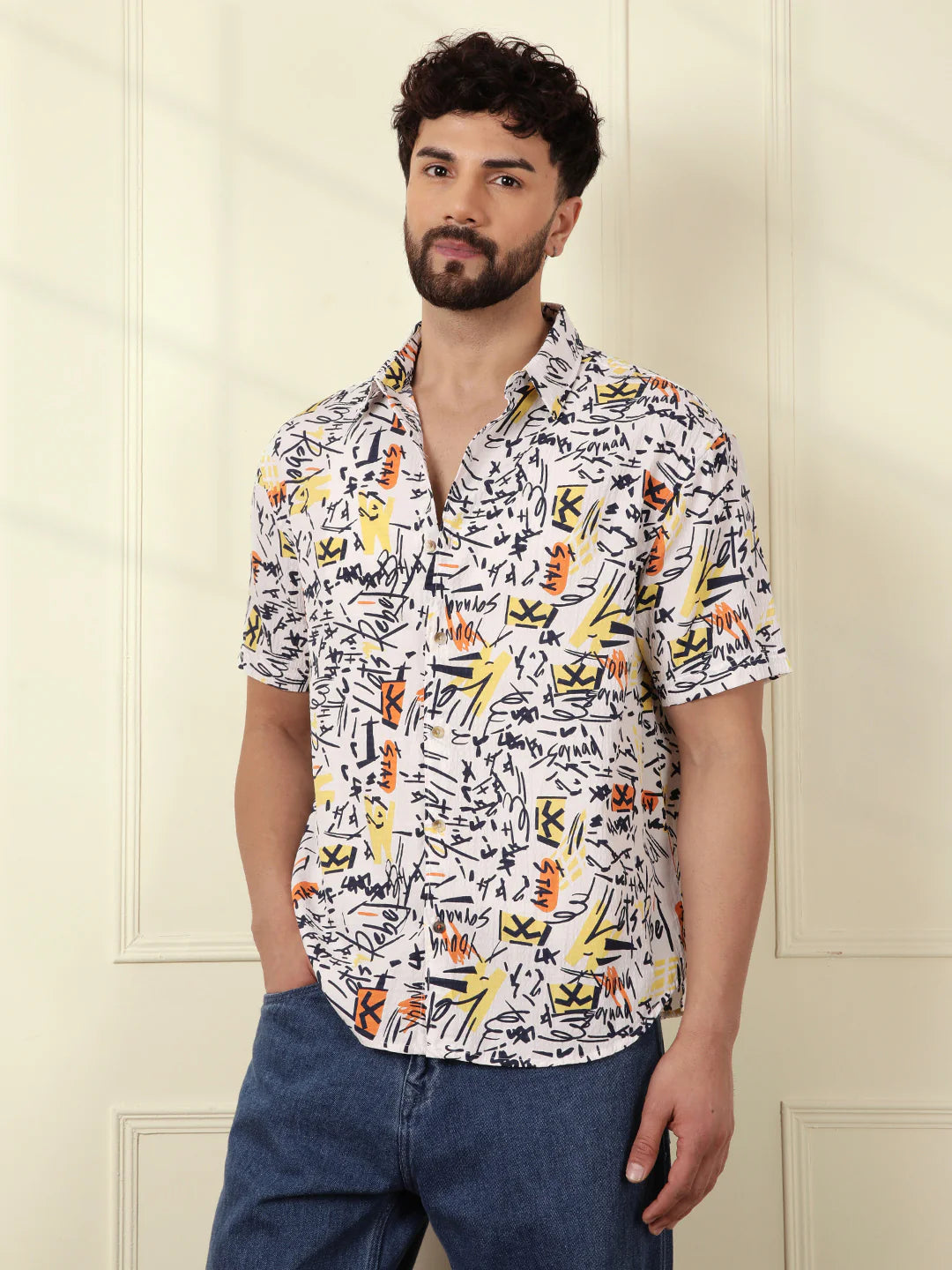 Textured Light Weight AOP Shirt | Off White
