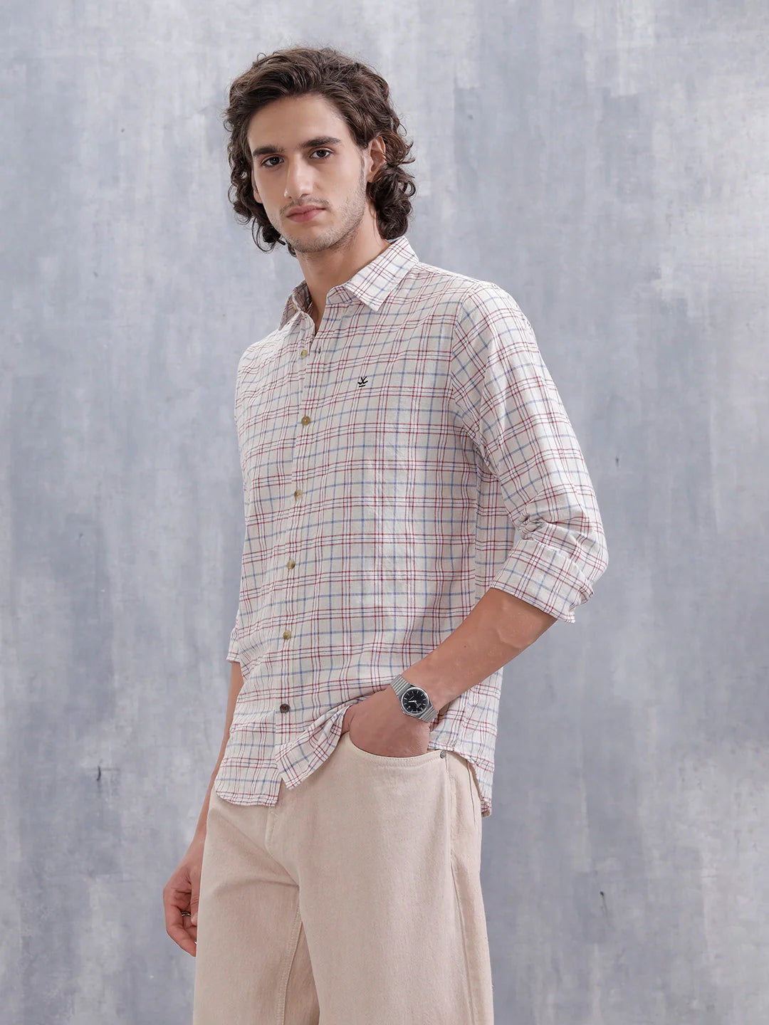Men’s Slim Fit Checkered Pattern Shirt | Maroon