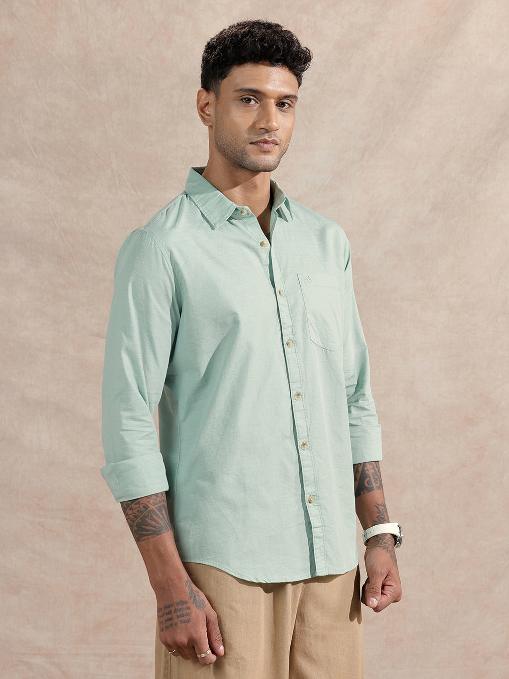 Cotton Slub Solid Shirt | Green